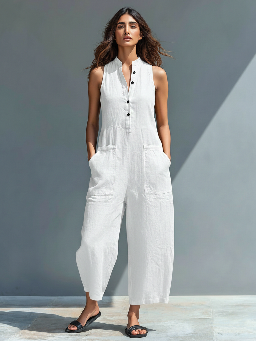 Amelia | Petos minimalistas sin mangas de mezcla de lino con cuello alto y botones