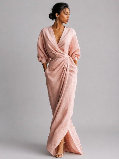 FREYA | Vestido largo rosa de lino con escote en V