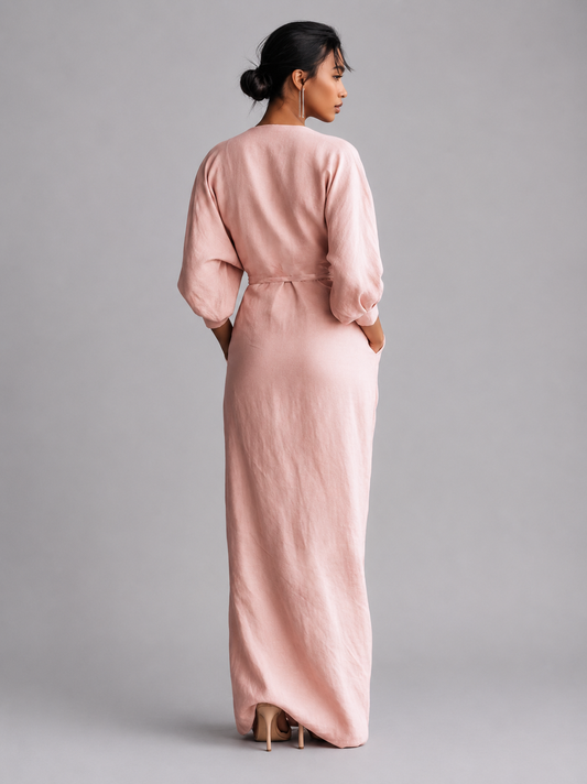 FREYA | Vestido largo rosa de lino con escote en V