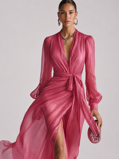 BEATRICE | Elegante vestido largo entallado de gasa con escote en V