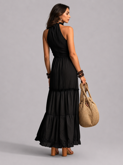 SUSIE | Vestido largo de estilo bohemio con cuello alto y volantes de encaje
