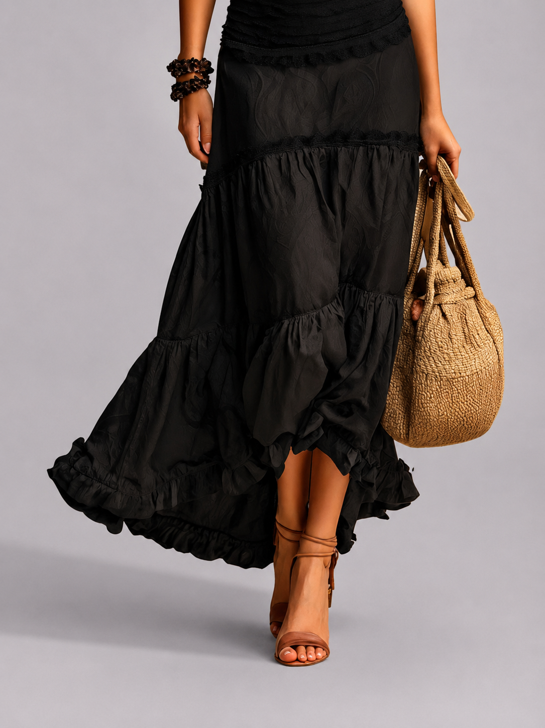 SUSIE | Vestido largo de estilo bohemio con cuello alto y volantes de encaje