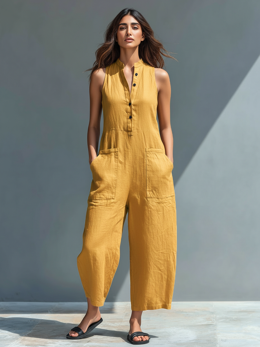 Amelia | Petos minimalistas sin mangas de mezcla de lino con cuello alto y botones