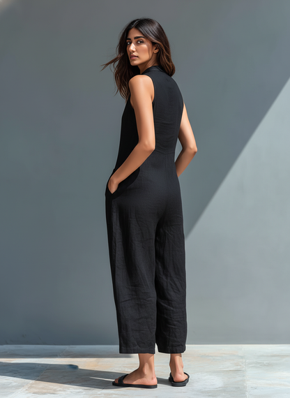 Amelia | Petos minimalistas sin mangas de mezcla de lino con cuello alto y botones