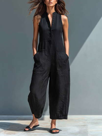 Amelia | Petos minimalistas sin mangas de mezcla de lino con cuello alto y botones
